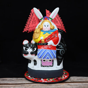 老北京兔爷虎生肖摆件手工泥塑龙潭庙会兔儿爷 大号黑虎(送红垫子)