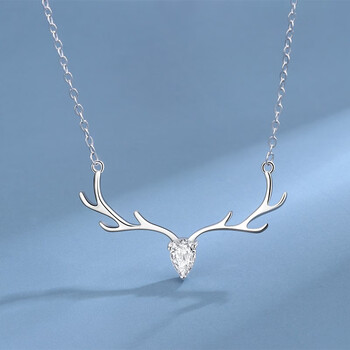 奇锆s925银一路鹿有你项链女银锁骨链简约吊坠情人节生日903鹿角项链