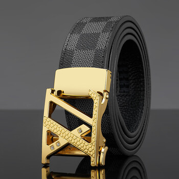 保罗皮带格纹男士皮带自动扣头层牛皮字母潮流商务年轻人裤腰带金色