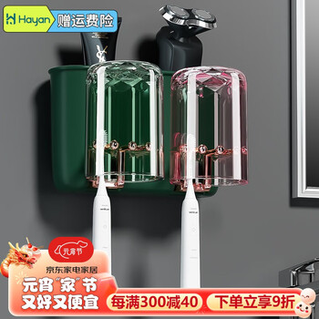 海迎（HAYAN HY）牙刷置物架刷牙杯置物架免打孔漱口杯子壁挂式刷牙杯收纳牙刷架 梵高绿(二杯)