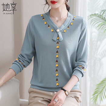 她享妈妈装秋装针织衫老年人衣服刺绣长袖T恤百搭打底衫T233T2531