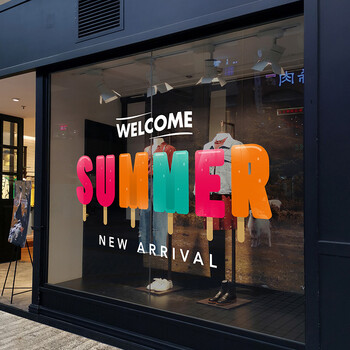 橱窗创意装饰贴画无胶静电玻璃贴膜服装店换季促销海报summer横款60x