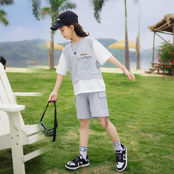 哈熙牛儿童运动套装女童夏季假两件短袖短裤时尚中大童912岁女孩衣服