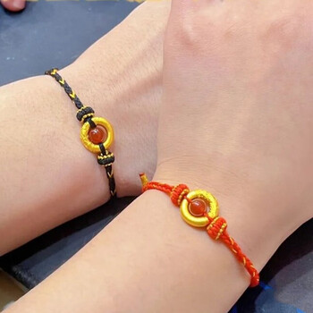 定岁999足金金箍圈手链情侣一对男女款黄金素圈手工编织手绳红玛瑙本