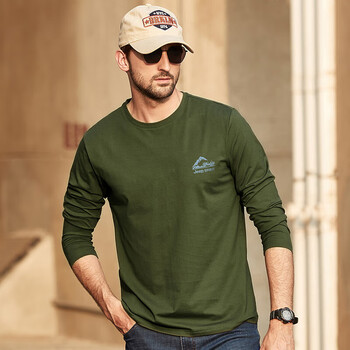 2022年四季春款宽松圆领打底衫时尚印花男士t恤百搭长袖男 军绿色 3xl