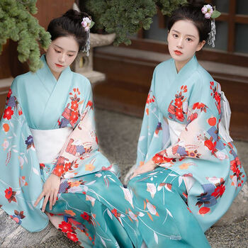和服正装日本女传统服装神明少清新摄影复古小振袖暗黑浴衣乔箐 蓝枝