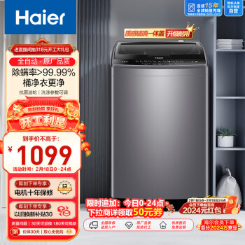 海尔（Haier）波轮洗衣机全自动小型 玻璃上盖 10公斤大容量 除螨 桶自洁 羊毛洗 以旧换新EB100M30Plus2