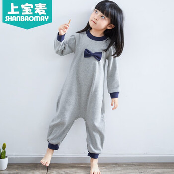 上宝麦春秋儿童连体睡衣棉厚女童宝宝防踢睡衣家居服防着凉 花灰 90码约身高90cm 