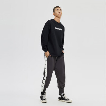 omg潮牌纯棉长袖t恤男春秋季运动服宽松上衣健身印花衣服打底衫 黑色