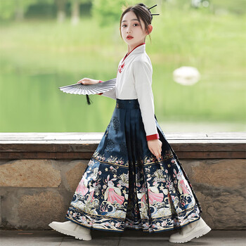 裙女童套装中国风夏款2023新款儿童装汉服古装小女孩唐装夏季 藏青色