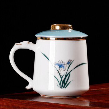 京隆堂手绘陶瓷茶水分离泡茶杯带盖过滤水杯子老板杯办公室喝茶家用
