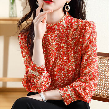 的法式碎花衬衫高档刺绣春季新款长袖木耳边红色做工精细m建议90110斤