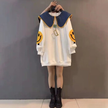 索宛亦（SUOWANYI）2022秋装韩版新款大码女装胖mm宽松显瘦中长款套头长袖冬季卫衣女 白色笑脸【春秋】 4XL 【建议180-200斤】