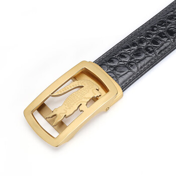鳄鱼皮皮带男真皮自动扣腰带商务平滑扣休闲男青年潮黑色zd322款125cm
