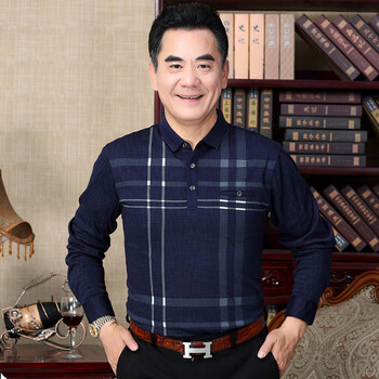 中年男士长袖t恤薄款春装翻领4050岁秋衣爸爸装中老年衣服男上衣 藏青