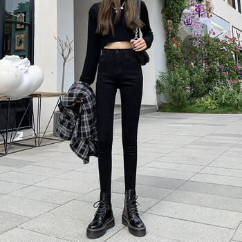 单曲循环香港潮牌纯黑色膝盖破洞牛仔裤女2021秋冬季新款潮流高腰紧身