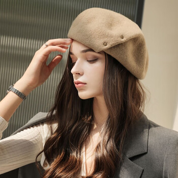 7PM贝雷帽子女秋冬羊毛蓓蕾帽女士潮ins八角英伦南瓜帽女时尚画家帽 卡其色(55-58CM)弹力头围