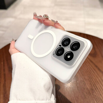 磨砂半透明磁吸无线充电适用小米14pro手机壳自带镜头膜全包 白色冰雾