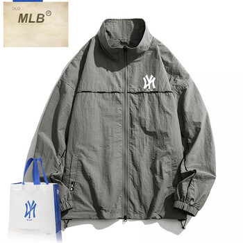 宽松百搭休闲情侣ny立领夹克男装春季新款复古潮牌外套男 灰色olo mlb