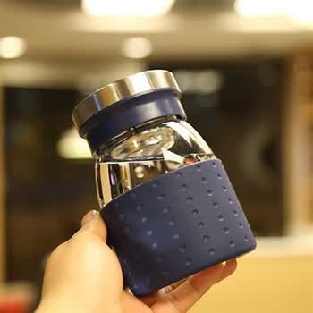 便携水杯瓶商务玻璃杯子带过滤茶杯耐热带盖随手杯办公室蓝色350毫升