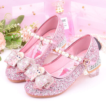 皮鞋2023秋季新款单鞋儿童高跟鞋小女孩水晶鞋公主鞋演出单鞋 粉色 25