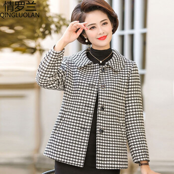 情罗兰（QINGLUOLAN）妈妈装春秋毛呢外套厚中老年女装春装格子上衣中年人女士50岁衣服 5022黑白格 5XL（建议145-160斤）