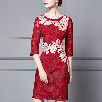 宴会喜妈妈礼服婚婚宴妈妈装喜婆婆婚庆丈母娘连衣裙夏装红色7分袖l
