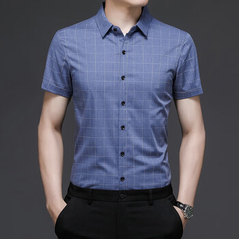 服饰内衣>男装>衬衫>利郎短袖衬衫男士夏季格子中年商务休闲竹纤维