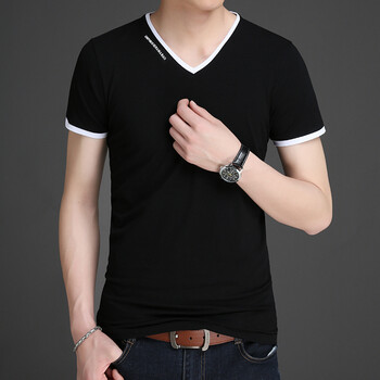 t恤男夏季v领薄款汗衫中年男装休闲上衣尖领半袖打底小衫 1856黑色