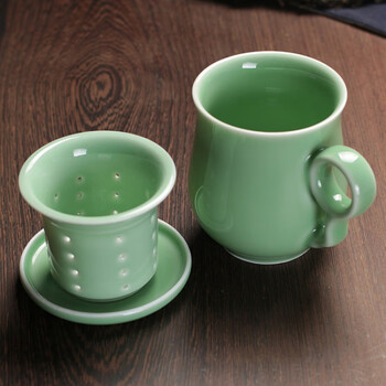 标星龙泉青瓷功夫茶具茶杯陶瓷办公杯个人杯带盖过滤泡茶杯会议杯弟窑
