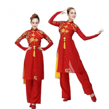 打鼓舞腰鼓服装女中国民族风古典红色喜庆中老年广场表演装红色s
