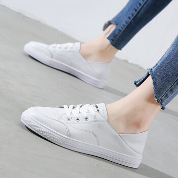 tlouu 小白鞋女真皮透气平底休闲板鞋软底一脚蹬懒人鞋女百搭两穿单鞋