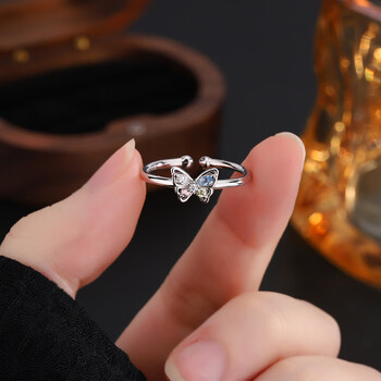 pzck999足银彩钻蝴蝶戒指女甜美花仙子锆石指环送女友闺蜜情人节礼物