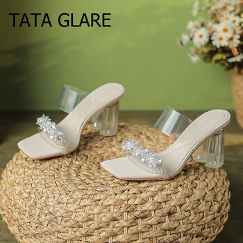 tataglare她他小花朵串珠透明一字带粗跟凉鞋女高跟拖鞋外穿夏季水晶