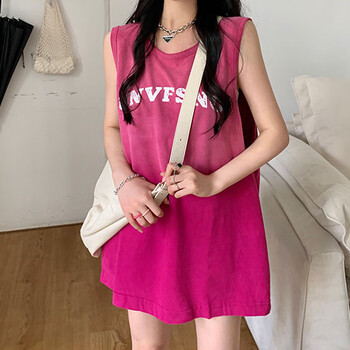 茗维雅渐变色无袖t恤女夏字母印花宽松中长款美式水洗做旧上衣玫红色m
