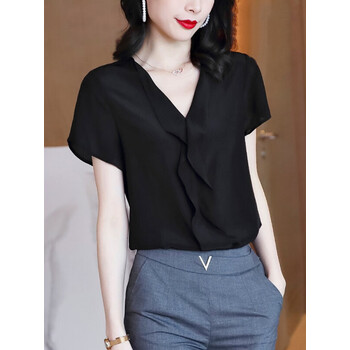 抒融捡漏轻奢品牌黑色真丝衬衫女短袖领气质小衫新款时尚宽松洋气m