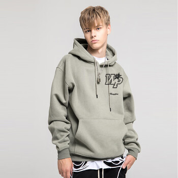 picon美式复古风加绒抽绳卫衣男女情侣百搭宽松连帽外套ins 灰绿  