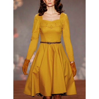 【非质量问题不退不换】原创设计师女装女巫和骑士洋气减龄收腰连衣裙黄色大摆连衣裙打底裙秋冬新款 黄 L