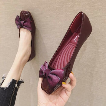 catasdate春款方头平底鞋女软底鞋漆皮平跟女鞋单鞋船鞋瓢鞋蝴蝶结