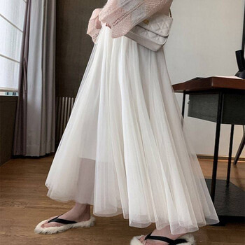 半身裙女网纱春夏新款网纱裙中长款高腰a字大摆蓬蓬长裙纱裙白色70