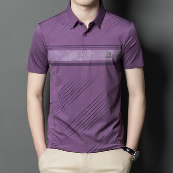 短袖polo衫男2022夏季新款中年爸爸宽条纹休闲上衣冰丝体恤男装紫色