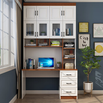 书桌一体组合电脑桌现代简约卧室学习桌家用写字台带书柜右抽四门电脑