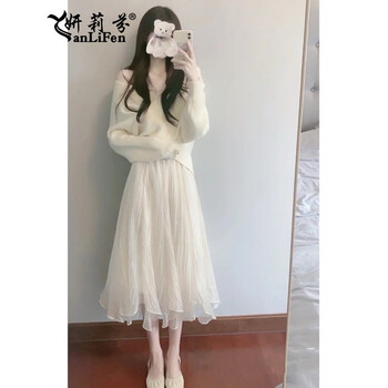 妍莉芬 2022年秋装新款连衣裙女装温柔小香风气质名媛御姐超仙女神范穿搭白色毛衣网纱针织裙子女春秋 米白色毛衣+白色网纱半身裙 S
