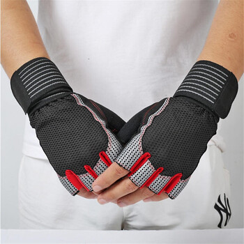 21年新款手掌硅胶超纤耐磨透气半指健身手套加长护腕防滑运动手套红色