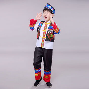 儿童男女舞蹈服云南苗族演出服竹竿舞瑶壮族彝族服饰 4号男白 帽子