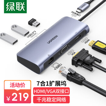 绿联Type-C扩展坞 USB-C转HDMI/VGA转换器千兆网卡网线口转接头分线器 适用苹果华为笔记本电脑iPad拓展坞