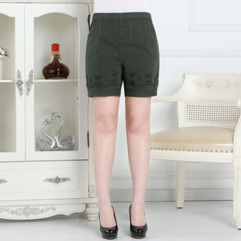 中年女士短裤外穿夏季中老年五分裤女裤宽松妈妈夏装热裤高腰军绿色xl
