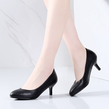 fanqi铁路高铁乘务员工作鞋空乘高跟鞋女职业黑色皮鞋圆头空姐工作鞋