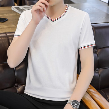 新款男士短袖t恤v领修身半袖纯色棉线韩版修身上衣男生潮牌衫 v76白色