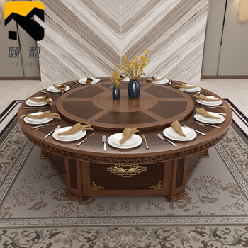 大餐桌圆桌15人新中式店电动餐大圆带转盘15人20人饭店包厢餐组合圆盘